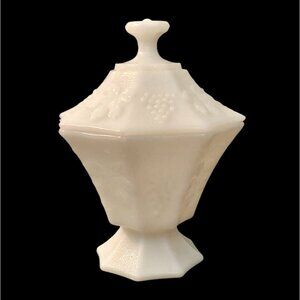Vintage Anchor Hocking Milk Glass Grapes and Leaves Footed Candy Dish With Lid